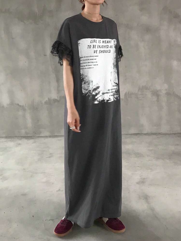FRIFUL 女款字母印花拼色蕾絲拼接圓領洋裝 夏季日常外出灰色圖案休閒連身裙 - 灰色 - 查看 3