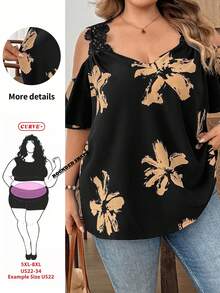 SHEIN CURVE+ 大尺碼印花蕾絲飾邊露肩上衣 休閒波西米亞風優雅現代女襯衫 2026夏季 22W 度假婚禮賓客穿搭 黑色 - 杏色 - 查看 2