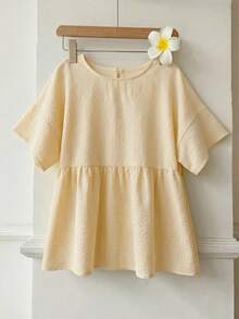 SHEIN EZwear 鵝黃色條紋大尺碼女款圓領短袖休閒襯衫 - 鵝黃色 - 查看 4