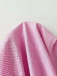 SHEIN EZwear 大尺碼女款圓領條紋百褶休閒百搭日常出遊襯衫 - 粉色 - 查看 5