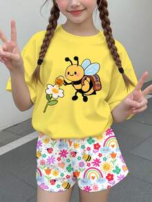 青少年女孩休閒時尚創意個性化清爽可愛卡通卡哇伊小蜜蜂花卉圖案短袖上衣 & 短褲 2件套，適合夏季，圖案設計，舒適，女孩套裝，Y2K，度假，卡哇伊 - 彩色 - 查看 2