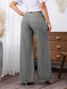 EMERY ROSE Plus Size Women's Pocket Button Casual Versatile Daily Outing Wide Leg Jeans - Grey - View 2