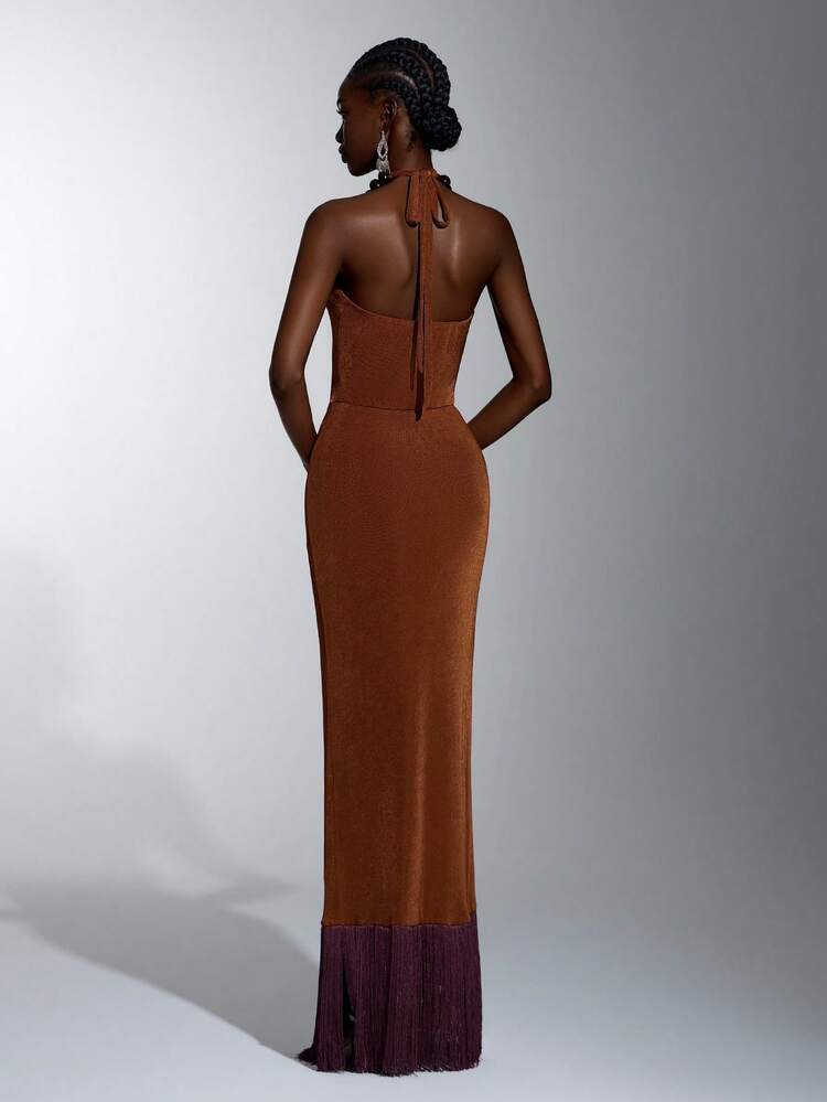 Elitara Elegant And Simple, This Red Knit Dress Features Wooden Beads And Tassel Embellishments, A Halter Neck, And A Pleated Waist. It's A Long Evening Gown. - Redwood - View 3
