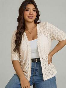Comfylo Plus Size Women's Solid Color Casual Versatile Daily Outing Short Sleeve Cardigan - Apricot - View 7