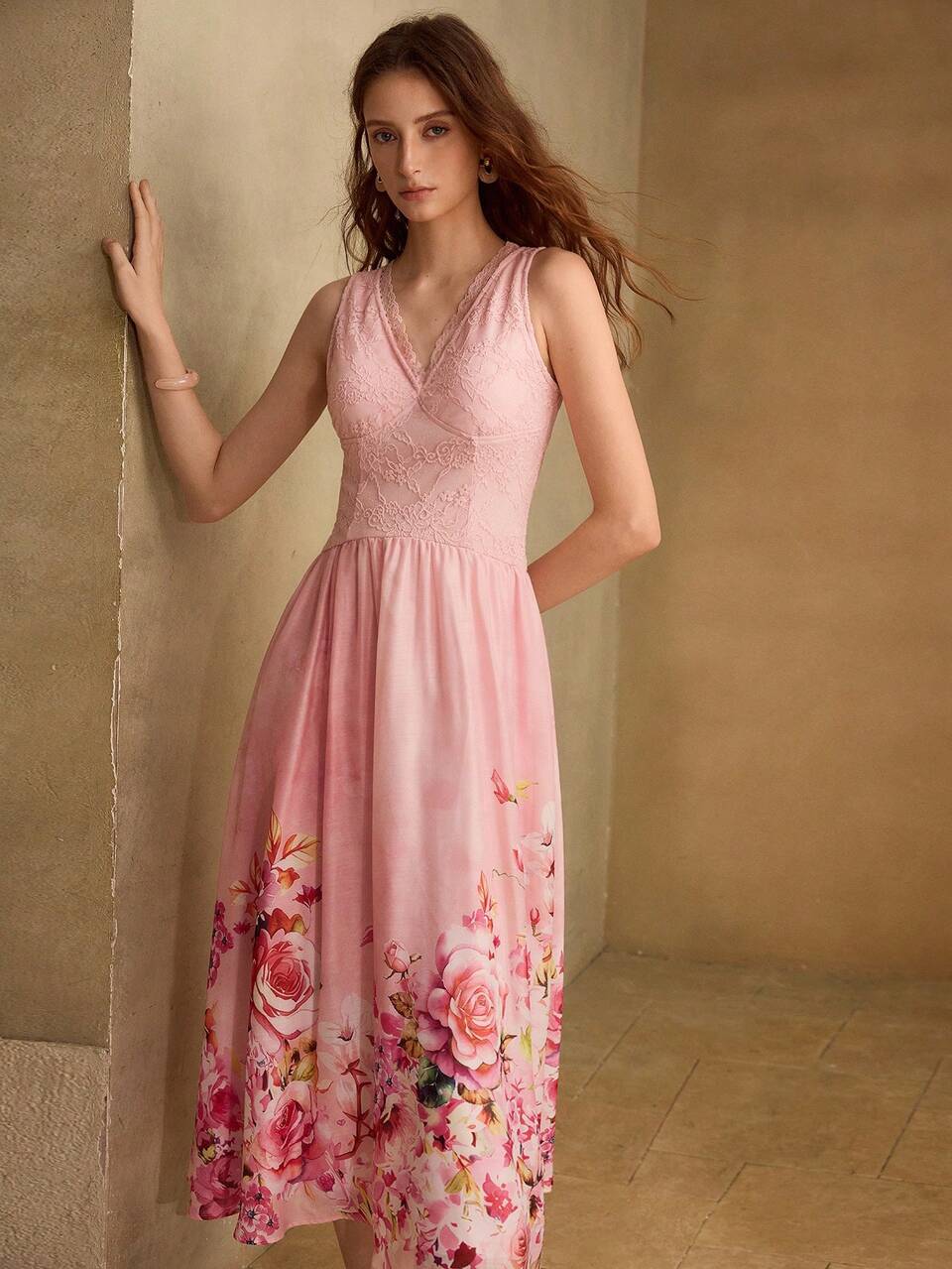 SPRING/SUMMER WOMEN'S FLORAL PRINT LACE PATCHWORK DRESS