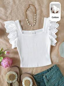 SHEIN Top de tirantes casual de punto color liso con cuello cuadrado y volantes para niña preadolescente - Blanco - Ver 1