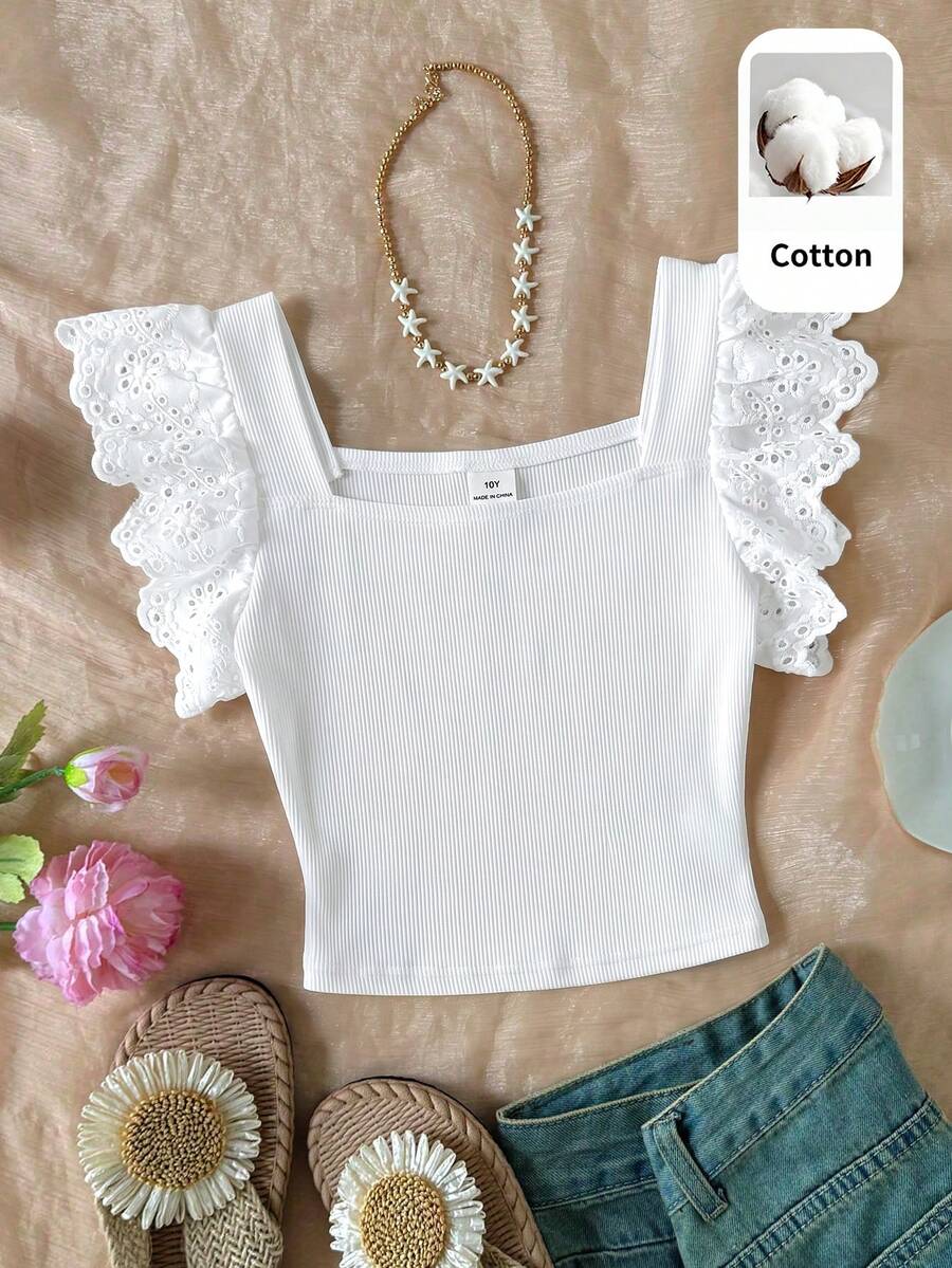 SHEIN Top de tirantes casual de punto color liso con cuello cuadrado y volantes para niña preadolescente - Blanco - Ver 1