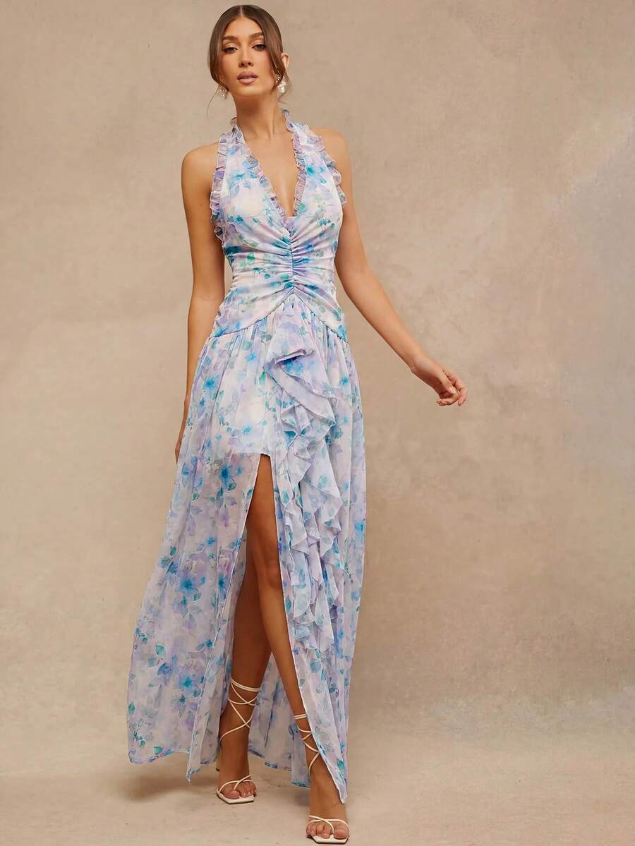 L'Amorae 女款掛脖綁背露背滿版印花荷葉邊開衩休閒派對洋裝 - 藍色 - 查看 1