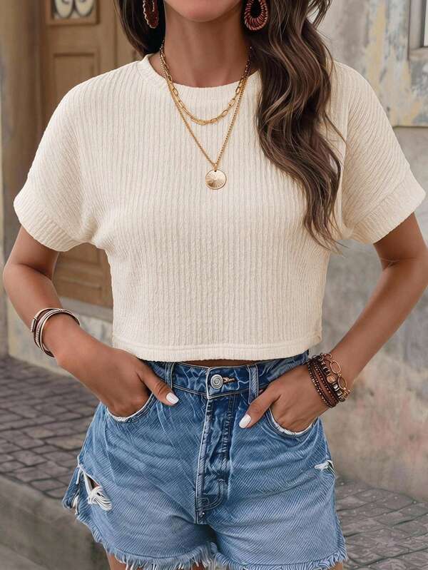 Brillora Textured Rib Knit Crop T-Shirt For Vacation, Round Neck Drop Short Sleeve Loose Fit Summer Beach Outfits For Woman, Vacation, Beach