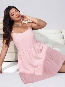 Solflare Pink Plus Size Women's Ruffle Hem Spaghetti Strap Spring/Summer Dress Beach Vacation Formal Casual - Baby Pink - View 4