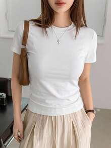 DAZY Women's Solid Color Crew Neck Fitted Short Sleeve Undershirt Summer Preppy Tops - White - View 4