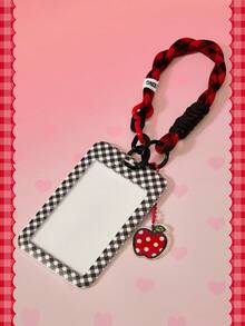 HELLO KITTY AND FRIENDS | SHEIN Multifunctional Combo Keychain Badge Holder , Black And White Braided Wrist Lanyard Apple Gingham Pattern Card Cover Keychain, Bag Pendant - red and black - View 5