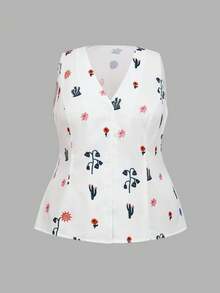 SHEIN LUNE CURVE Plus Size Women's Floral Print Single Breasted Casual Boho Vest Shirt Brunch Vacation Allover White And Yellow Summer - Multicolor - View 3