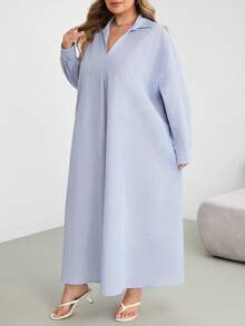 SHEIN CURVE+ Plus Size Casual Soft Form White Maxi Shirt Dress Western Wear Festival Boho Hippie Autumn 2026 22W Vacation Office - Blue - View 9