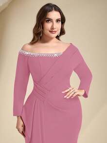 Coutiva Plus Size Rhinestone Decor Off-Shoulder Formal Evening Gown,Elegant Curve Dusty Pink Winter Evening Dresses,Heavily Embellished Women Reception Dress - Pink - View 7