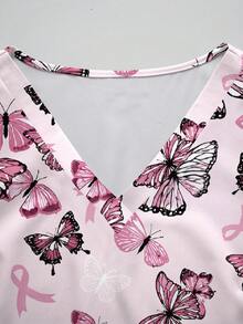 PopScrub Ribbon And Butterfly Cartoon Pattern Pink Women's Nurse Uniform Top, Spring/Summer Fashion V-Neck Short Sleeve Double Pocket Design Side Slit Work - Multicolor - View 5