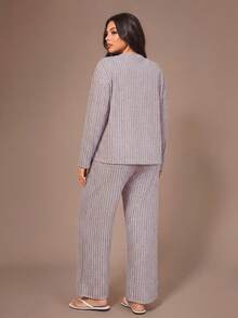 Lazeform Conjunto de pijama informal de cárdigan con botones de felpa suave acanalada de talla grande, ropa de otoño e invierno, atuendo acogedor - Rosa - Ver 3