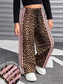 SHEIN Young Girl Leopard Print & Striped Elastic Waist Pants - Multicolor - View 7