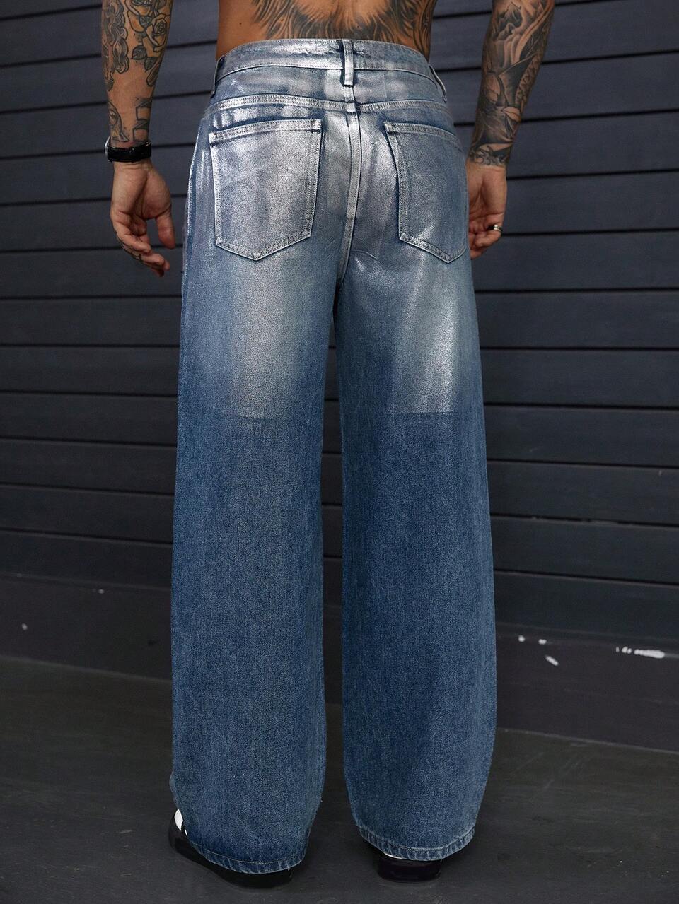 Long Flared Distressed Design Straight Leg Jeans For Men, Streetwear Style