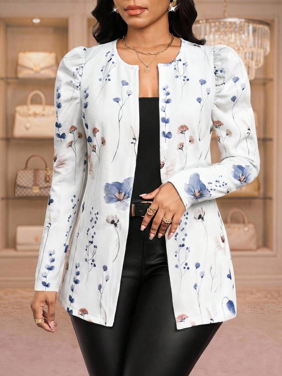 SHEIN Lady 女款花卉印花休閒百搭日常外出開襟長袖外套 - 彩色 - 查看 1