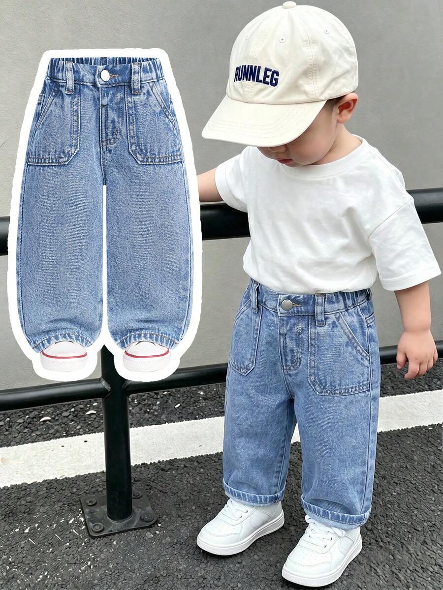 SHEIN 新生男嬰夏季、春夏中洗藍色棉質彈性腰帶工裝口袋寬鬆直筒休閒牛仔長褲,適合戶外玩耍、旅行、度假、親子活動、派對聚會及其他場合 - 藍色 - 查看 1