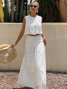 DAZY Women's Vacation Embroidered Round Neck Camisole And Mini Skirt 2 Pieces Set, Spring/Summer - White - View 5