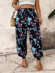 Breezaya Casual Comfortable Vacation Tropical Plant Print Pocket Drawstring Waist Women's Plus Size Long Pants, Summer - Mint Blue - View 3