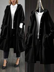 SHEIN LUNE Chaqueta larga con capucha y bolsillos grandes para tallas grandes - Negro - Ver 1