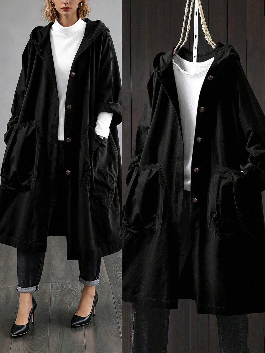 SHEIN LUNE Chaqueta larga con capucha y bolsillos grandes para tallas grandes - Negro - Ver 1