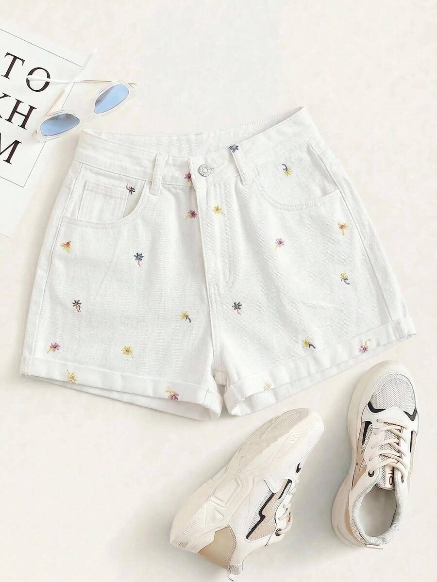 GlowEve Summer Rolled High-Rise Denim Shorts - White - View 1
