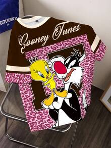 LOONEY TUNES X SHEIN 大码女式可爱时尚圆领短袖T恤 - 白色 - 查看 5