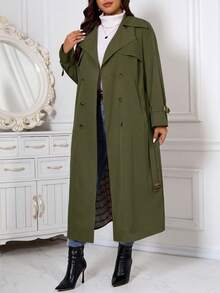 SHEIN Clasi 大尺碼女款素色百褶休閒百搭日常外套 - 軍綠色 - 查看 4