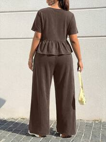 Muchica Chocolate Brown Plus Size Women 2 Pieces Set, Spring/Summer - Chocolate Brown - View 2