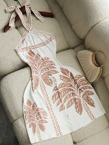 Elenzga Women's Summer Vacation Palm Tree Print Halter Mini Dress - White - View 2