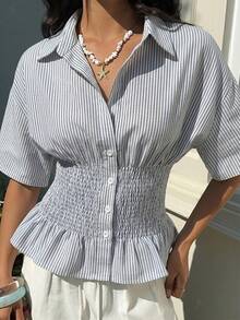 SHEIN EZwear 女士藏蓝色条纹修身梭织衬衫 - 藏蓝色 - 查看 4