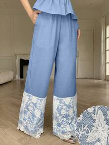 Modelyn Pantalones largos de pierna ancha con cintura elástica y patchwork de encaje para mujer, elegantes y de moda para uso casual de verano - Azul y blanco - Ver 7