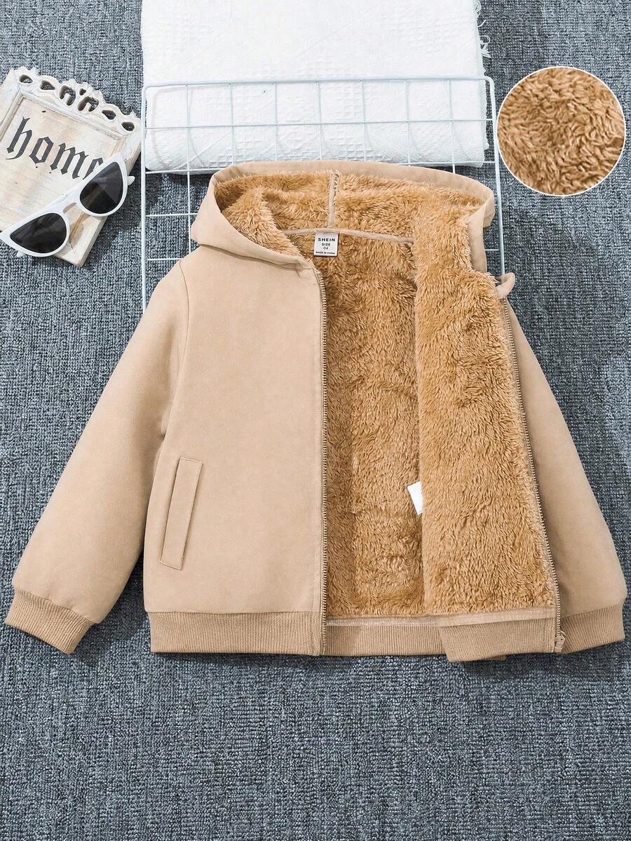 SHEIN 兒童小男孩時尚拉鍊前開長袖連帽外套,秋冬日常穿著 - 卡其色 - 查看 1