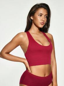 SHAPORA Sujetador inalámbrico de yoga de unicolor con diseño cruzado acanalado acanalado - Burdeos - Ver 4