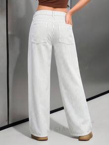 SHEIN ICON 女款條紋時尚口袋鈕扣寬鬆休閒牛仔褲 - 白色 - 查看 2