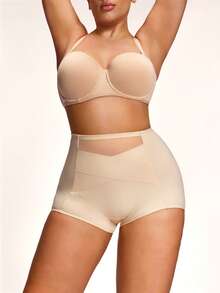 SHAPORA Plus Size Solid Color Open Back Mesh Patchwork Shapewear Bottom - Beige - View 6