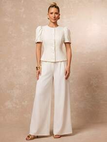 Lumalex Women's Elegant High Neck Gigot Sleeve Slim Fit Ivory Short Sleeve Blazer, Waist-Cinching Elegant Women's Blouse, Outing Top, Women's Outing Top, Women's Office Blouse, Women's Office Blouse, Formal Business Blouse, Luxurious New Year New Look, Low-Key Luxury, Ball Party Gathering Banquet, Low-Key Luxury, Sparkling Holiday Party Celebration - Apricot - View 10