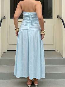 SHEIN EZwear Gaun Bandeau Berlipit Tekstur Warna Polos Ukuran Plus Wanita - Baby Blue - View 2