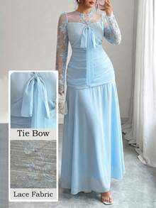 Modelyn French Design Lace Patchwork Bow Women's Long Dress Fall - Blue - View 2