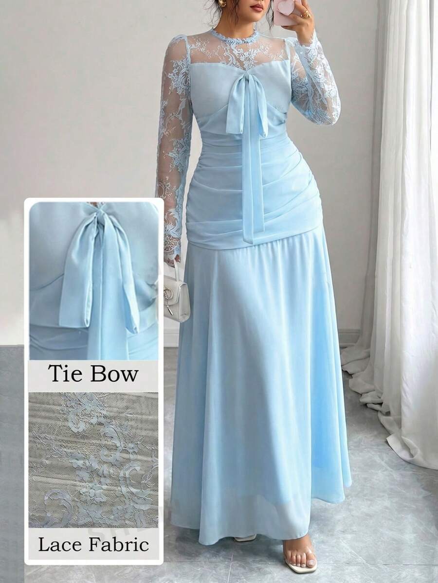 Modelyn French Design Lace Patchwork Bow Women's Long Dress Fall