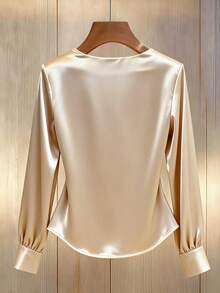 SHEIN LUNE Women's Elegant Champagne Gold Satin Blouse,V-Neck Slim-Fit Long-Sleeved Top For Dining,Autumn,Commuting,Solid Color Casual Shirt For Spring Break - Apricot - View 2