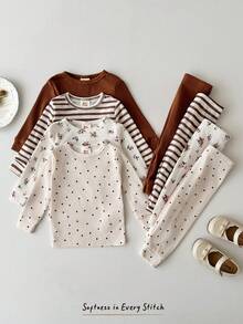 Cozy Pixies Set Piyama Bayi Perempuan Pas Badan, Atasan Pullover Lengan Panjang Leher Bulat Lembut Rajut Motif Bunga, Celana Panjang Pinggang Elastis, Set 4 Potong - Coklat - View 7