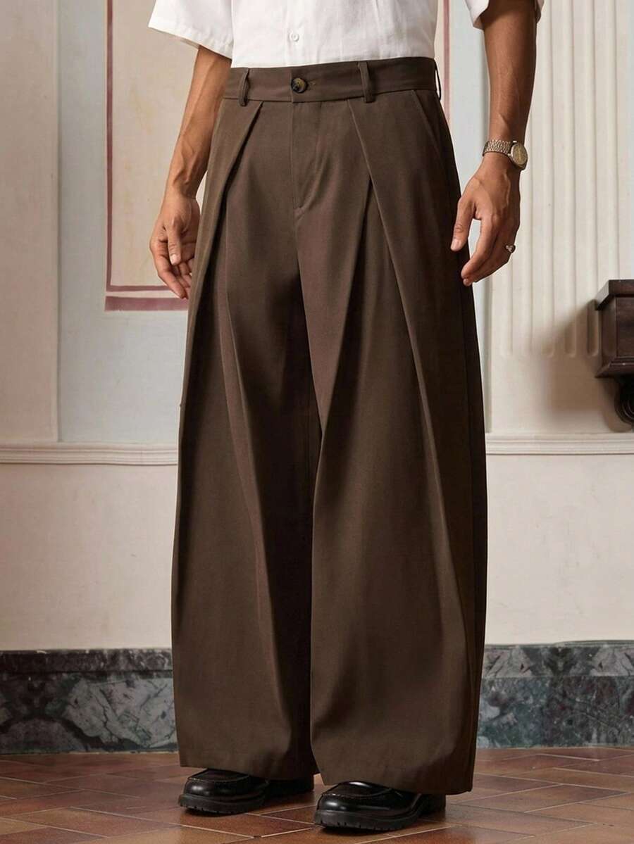 SWAVVY Men's Solid Color Pleated Wide Leg Loose Casual Long Pants - Brown - View 1