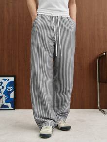 TOKVUE Pantalones deportivos casuales de pierna recta con rayas para hombres, pantalones largos versátiles de unicolor y ajuste holgado, primavera/otoño, otoño - Gris - Ver 3