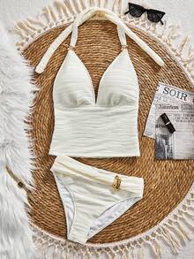 Bonvoyette 2026 New Solid Color Textured Fabric Women's Spaghetti Strap Tie V-Neck Tankini With Premium Metal Decoration, Summer Beach Casual Vacation Style Women's Tank Top Bikini Set - Apricot - View 7