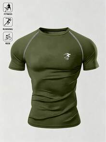 Acti Log 男士修身圓領短袖運動T恤，健身房穿著 - 軍綠色 - 查看 3